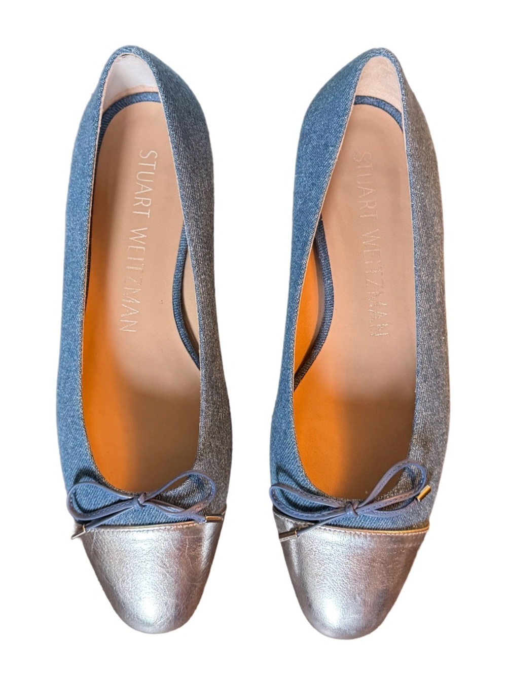 Stuart Weitzman Sleek Bow Denim Ballerina Flat Silver Cap Toe Size 9 - Picture 2 of 7